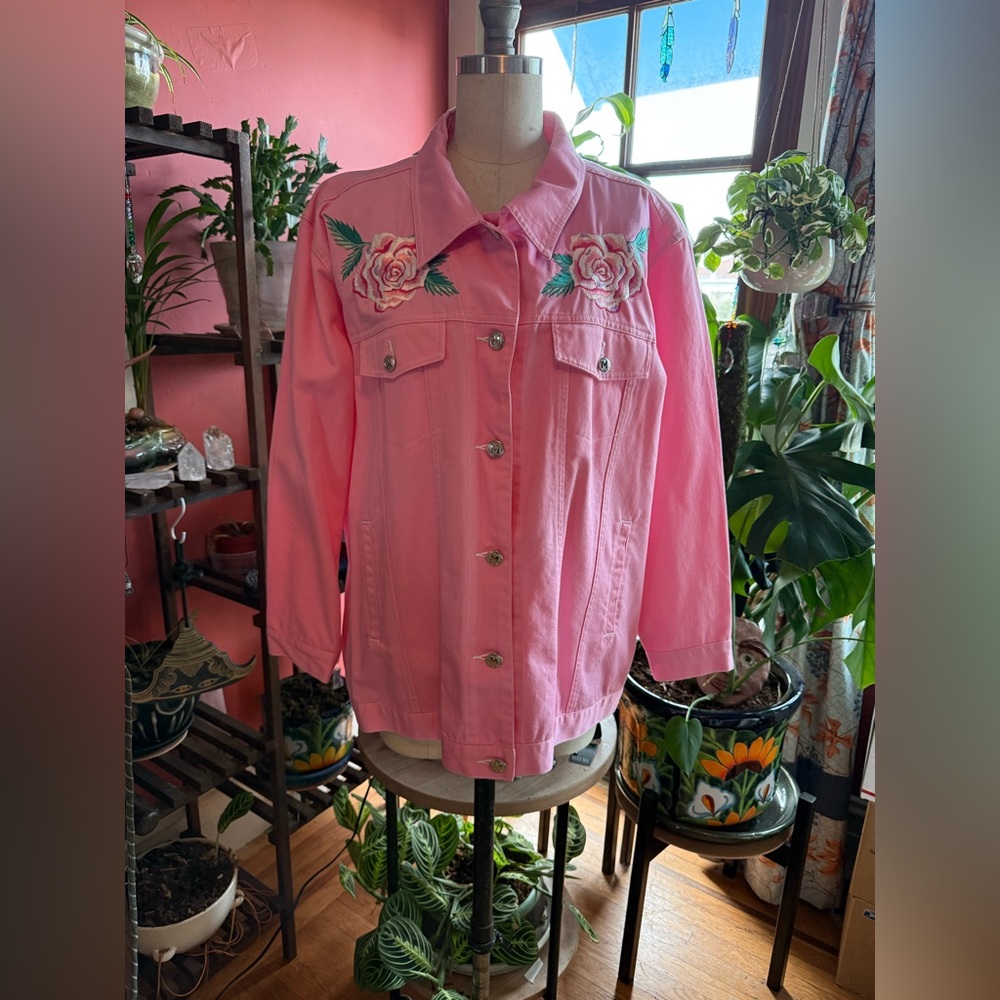 Bob Mackie Pink Jean Jacket with Floral Embroidery
